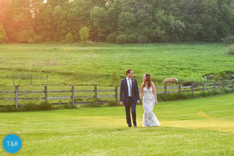 Bride and groom holding hands walking on a farm after their Ann Arbor farm wedding